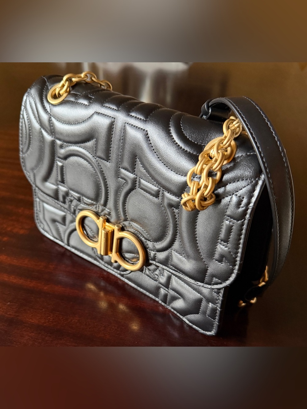 Salvatore Ferragamo Black Quilted Leather Shoulder Bag with Gold Hardware - Picture 2 of 11